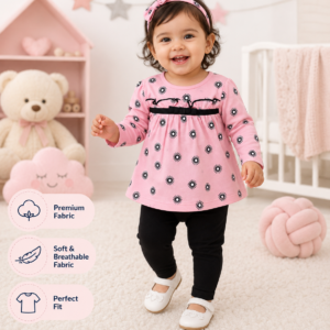 Baby Girls Pink Floral Tunic Top & Black Leggings Set – Soft Cotton Toddler Outfit