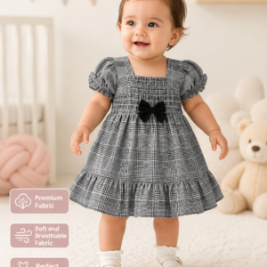Classic Black & White Plaid Baby Girl Dress with Bow Detail