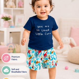 Baby Girls Navy Blue Graphic T-Shirt & Tropical Print Shorts Set