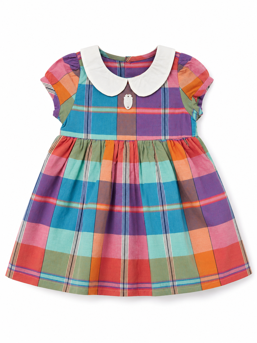 Colorful Plaid Baby Girl Party Dress with Peter Pan Collar & Bow - Image 2