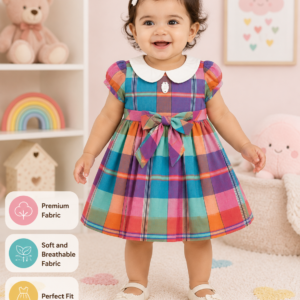 Colorful Plaid Baby Girl Party Dress with Peter Pan Collar & Bow