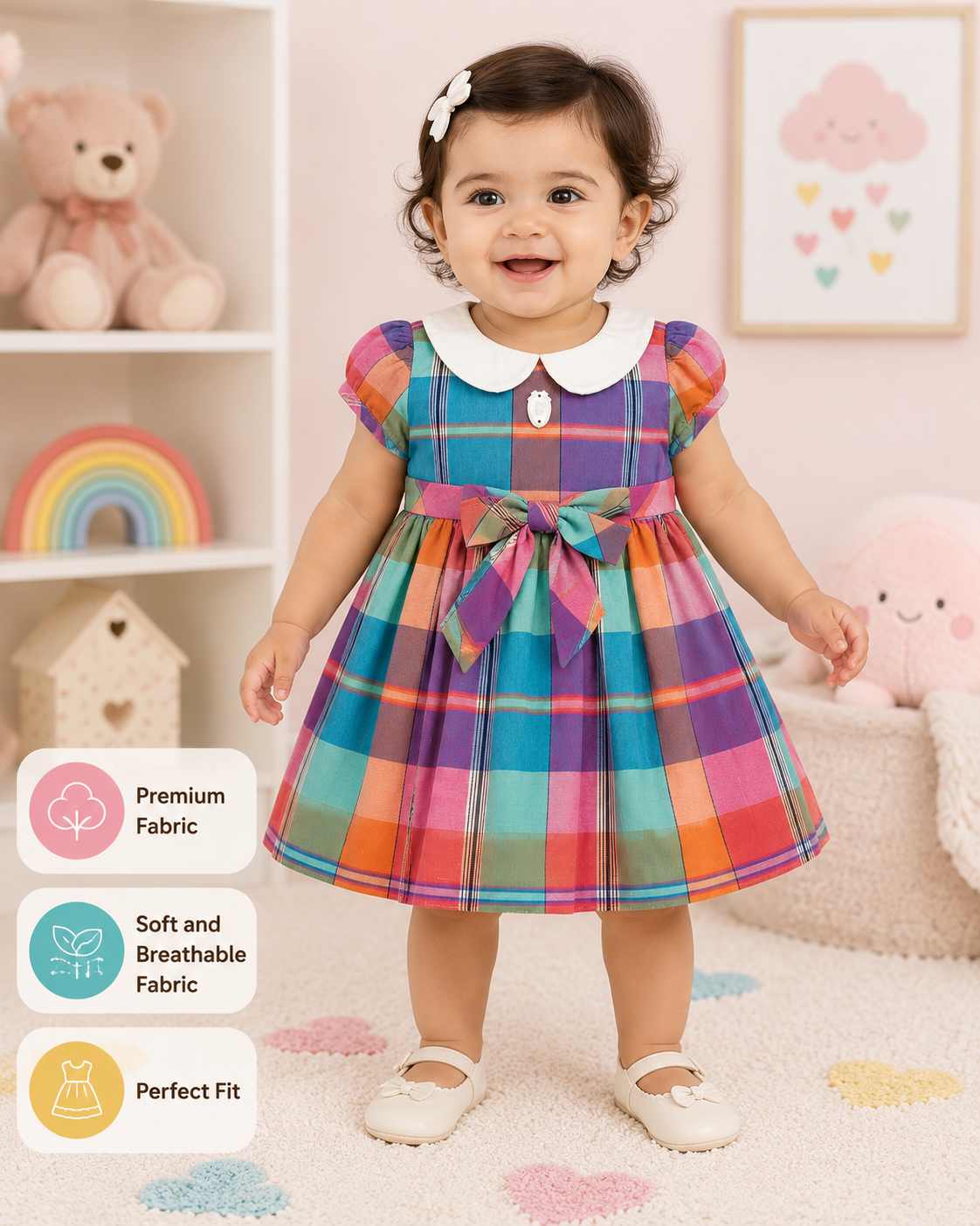 Colorful Plaid Baby Girl Party Dress with Peter Pan Collar & Bow
