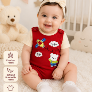 Baby Girls Red Cotton Romper with Teddy Bear & Airplane Embroidery