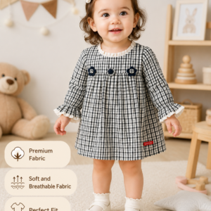 Baby Girls Black & White Checkered Cotton Dress with Floral Appliqué