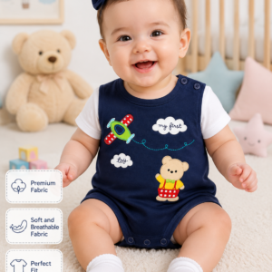 Baby Girls Navy Blue Cotton Romper with Teddy Bear & Airplane Embroidery