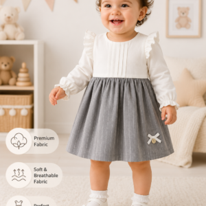 Elegant Grey & White Long Sleeve Baby Girl Party Dress