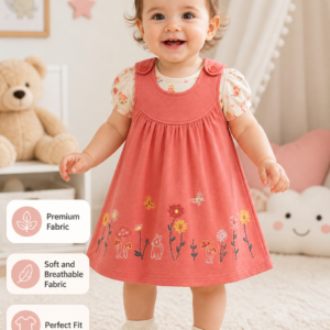 Baby Girls Embroidered Floral A-Line Dress with Printed Top – Soft Cotton Casual Dress for Toddlers