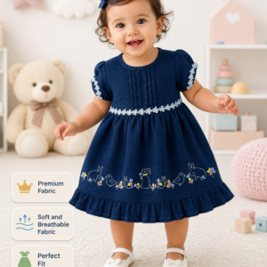 Baby Girls Navy Blue Embroidered Cotton Dress – Soft & Breathable Toddler Party Dress