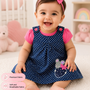 Baby Girls Navy Blue Polka Dot Dress with Pink T-Shirt & Headband Set