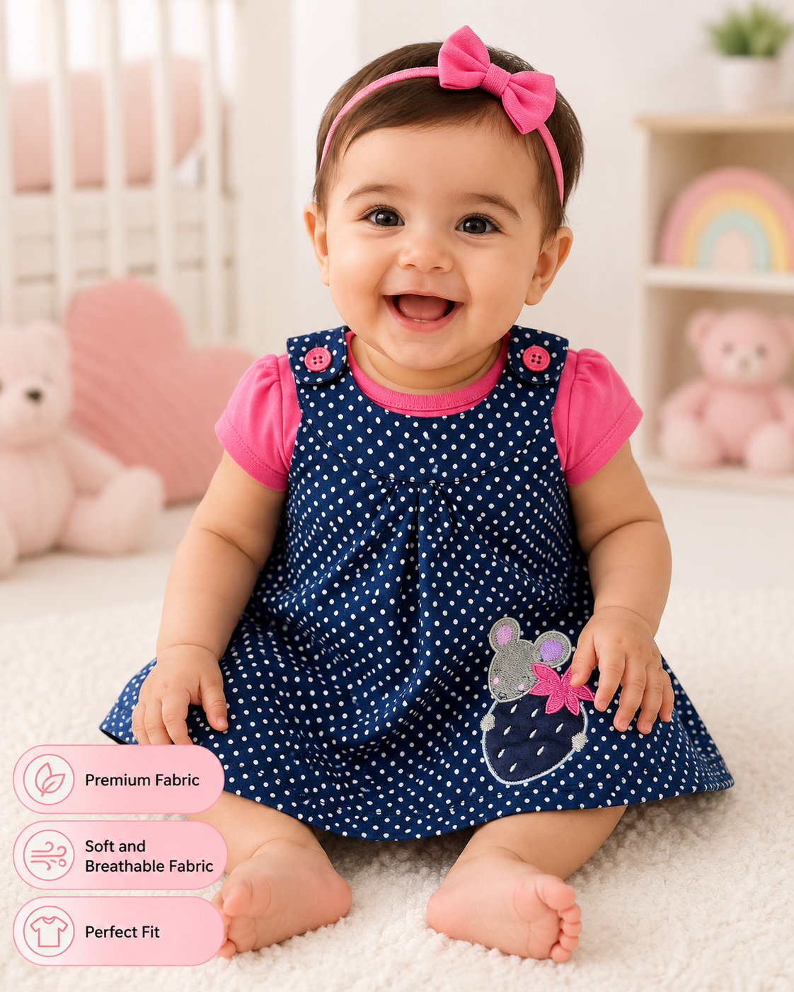Baby Girls Navy Blue Polka Dot Dress with Pink T-Shirt & Headband Set