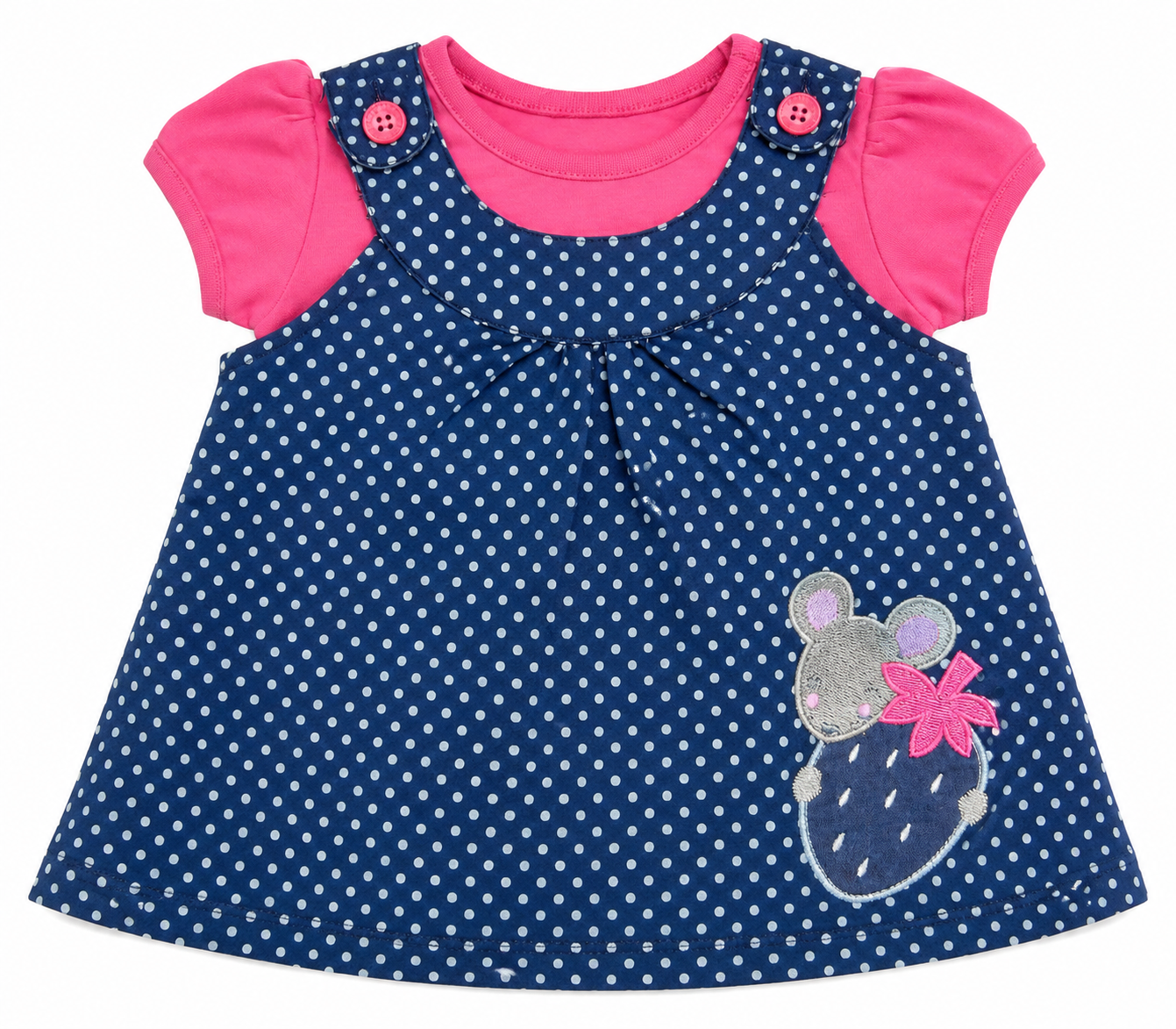 Baby Girls Navy Blue Polka Dot Dress with Pink T-Shirt & Headband Set - Image 2