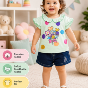 Cute Candy Print Girls Top & Denim Shorts Set